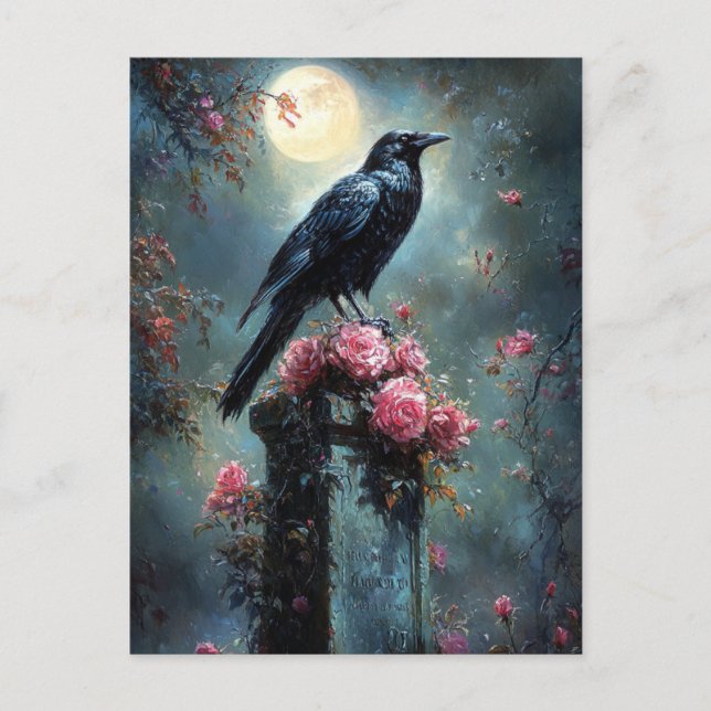 Raven Perched on a Tombstone Postcard (Front)