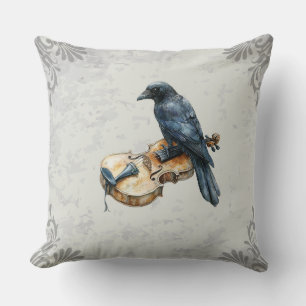 Raven Playing Acoustic Guitar Surreal Bird Music Throw Pillow