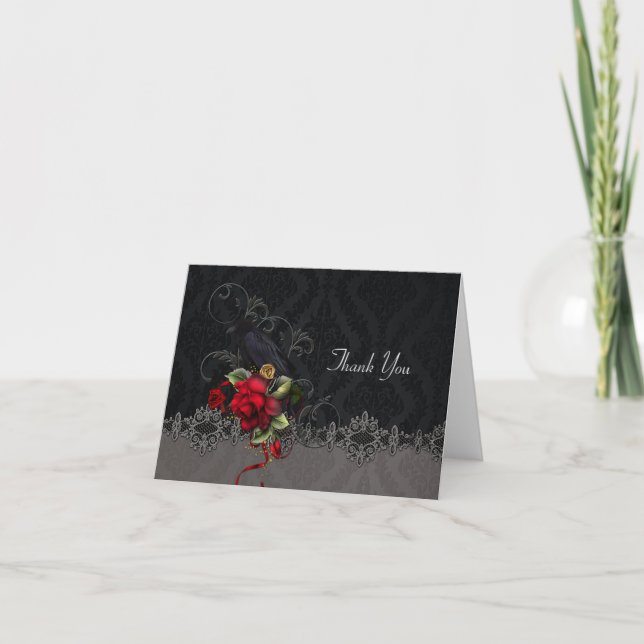Raven Red Roses Black Grey Damask Thank You Card (Front)