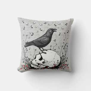 Raven Sings Song of Death on Skull Illustration Throw Pillow