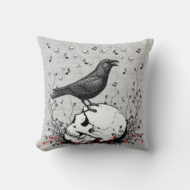 Raven Sings Song of Death on Skull Illustration Throw Pillow (Front)