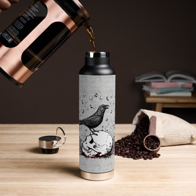 Raven Sings Song of Death on Skull Water Bottle (Coffee)