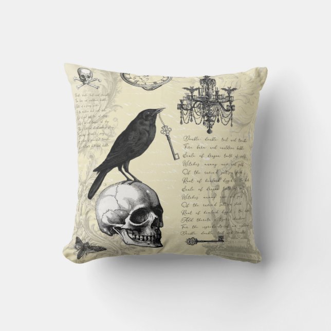 Raven Skull and Chandelier Gothic Halloween Throw Pillow (Front)
