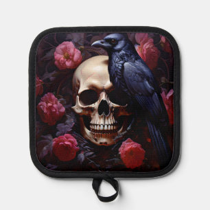 Raven Skull and Roses Pot Holder
