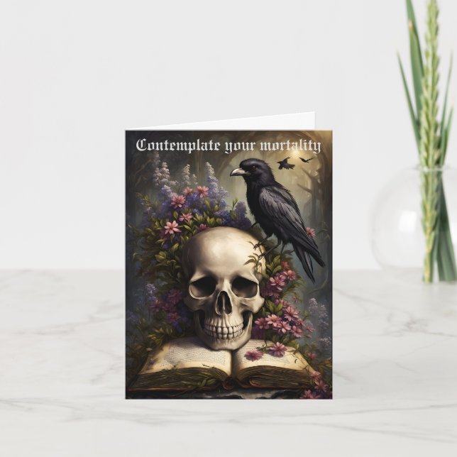 Raven Skull Book and Flowers Gothic Birthday Card (Front)