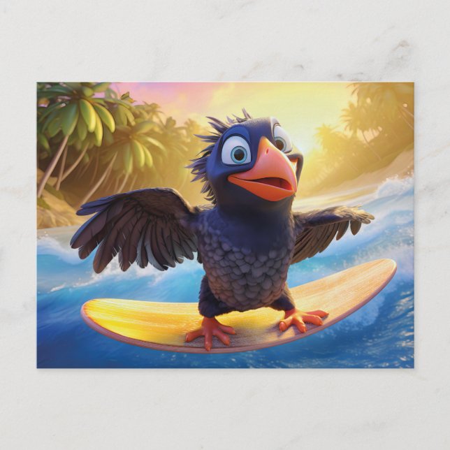 Raven Surfing In Tropical Paradise With Palm Trees Postcard (Front)