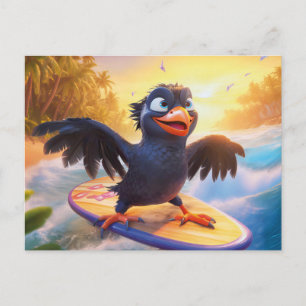 Raven Surfing On Tropical Beach With Wings Spread Postcard