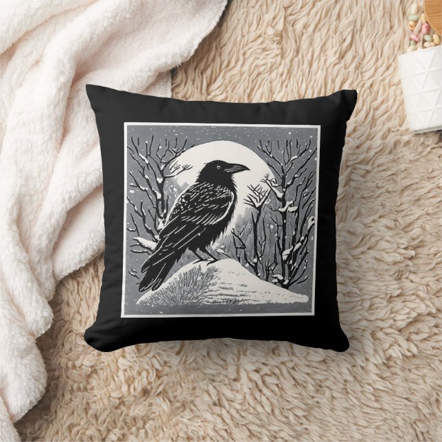 Raven: Talkeetna, Alaska black and white Throw Pillow (Blanket)