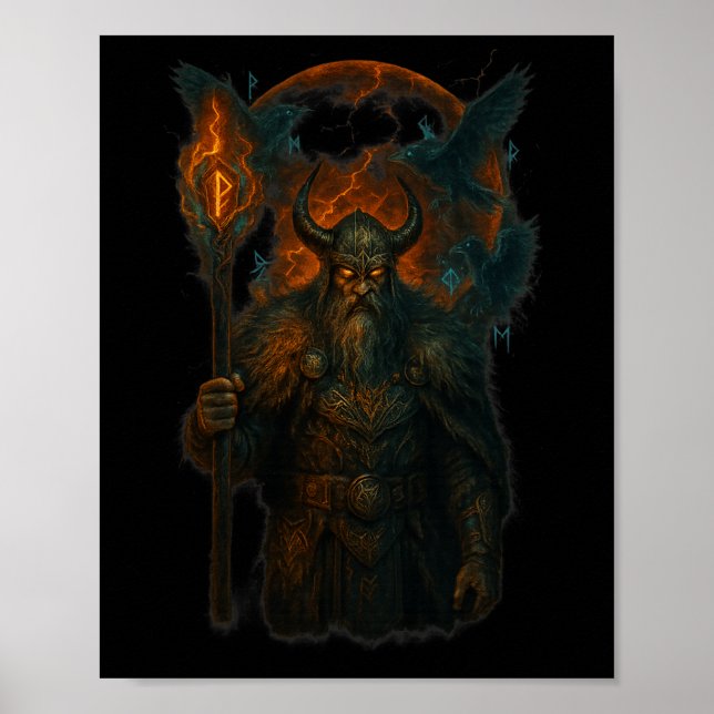 Raven Viking Halloween Design Norse Sorcerer Moon  Poster (Front)