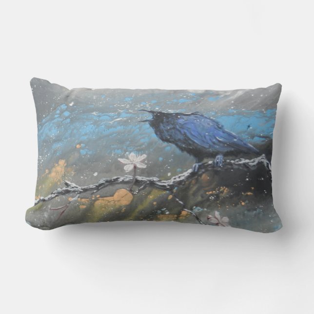 Raven with cherry blossoms in snow lumbar pillow (Front)