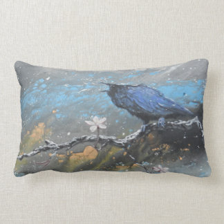 Raven with cherry blossoms in snow lumbar pillow