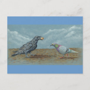 Raven with egg bothered by Pigeon Postcard