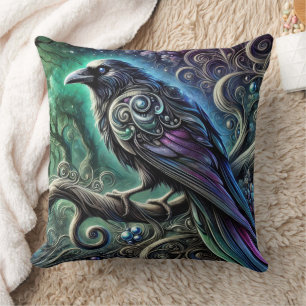 Raven with Iridescent Feathers in Enchanted Forest Throw Pillow