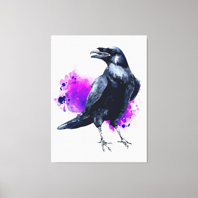 Raven With Purple Watercolor Splash Background Canvas Print (Front)