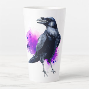 Raven With Purple Watercolor Splash Background Latte Mug