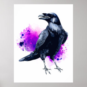 Raven With Purple Watercolor Splash Background Poster
