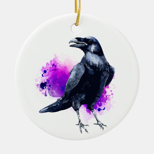 Raven With Purple Watercolor Splash Ceramic Ornament (Front)