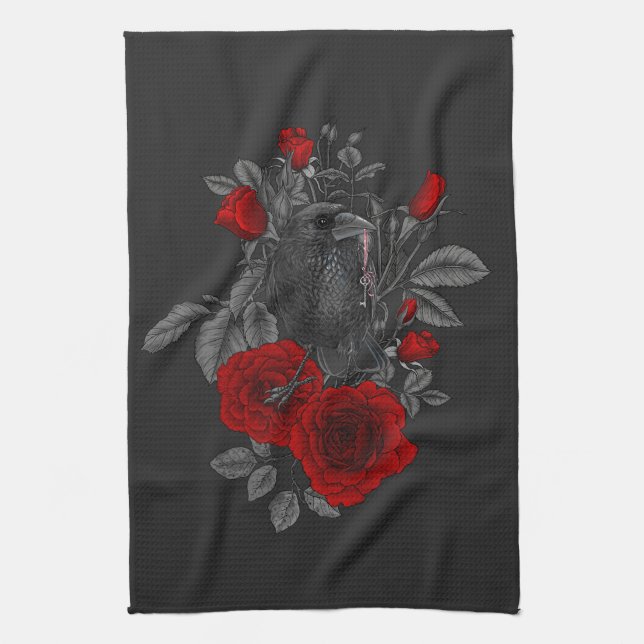 Raven with the key and roses kitchen towel (Vertical)