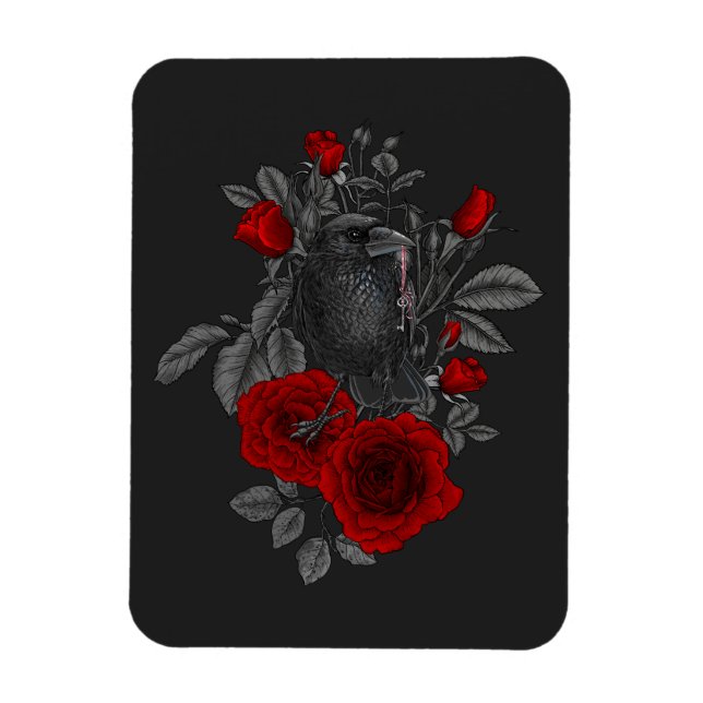 Raven with the key and roses magnet (Vertical)