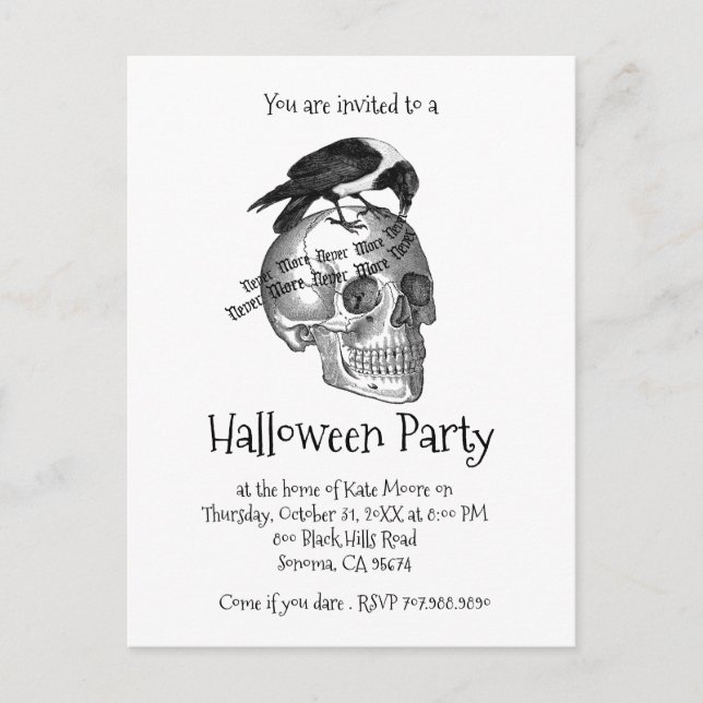 RavenAnd Skull Never More Halloween Party Invitation Postcard (Front)