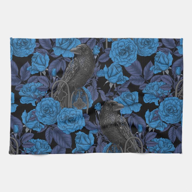 Ravens and  blue roses kitchen towel (Horizontal)