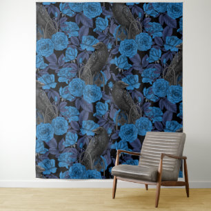 Ravens and  blue roses tapestry