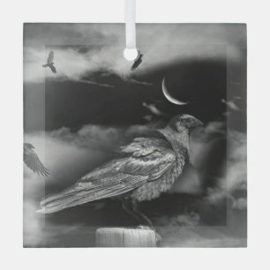 Ravens and Crescent Moon Mystical Magical Glass Ornament