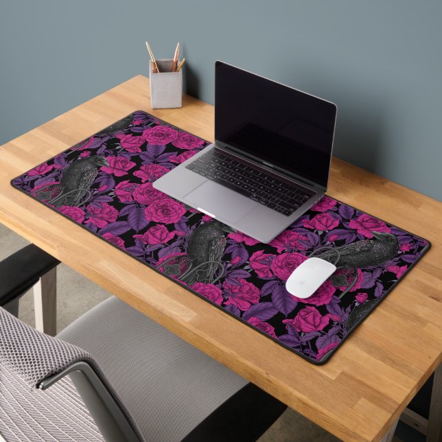 Ravens and pink roses desk mat (Office 2)