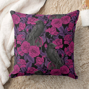 Ravens and pink roses throw pillow