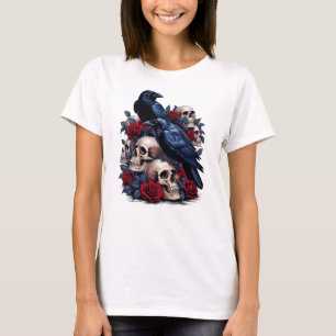 Ravens and Roses: Gothic Skull Design T-Shirt