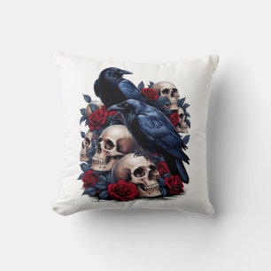 Ravens and Roses: Gothic Skull Design Throw Pillow