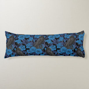 Ravens and roses with dark blue leaves body pillow