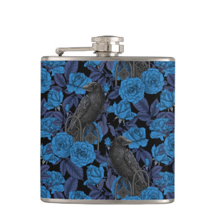 Ravens and roses with dark blue leaves hip flask