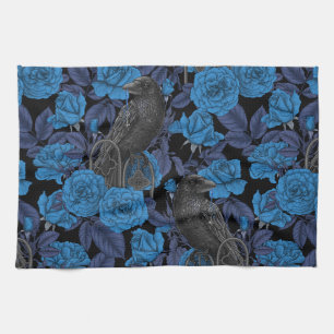 Ravens and roses with dark blue leaves kitchen towel