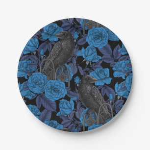 Ravens and roses with dark blue leaves paper plate