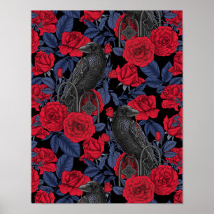 Ravens and roses with dark blue leaves poster
