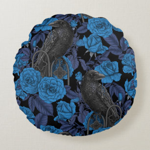 Ravens and roses with dark blue leaves round pillow