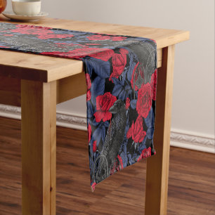 Ravens and roses with dark blue leaves short table runner