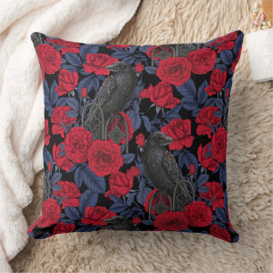 Ravens and roses with dark blue leaves throw pillow