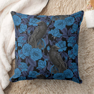 Ravens and roses with dark blue leaves throw pillow