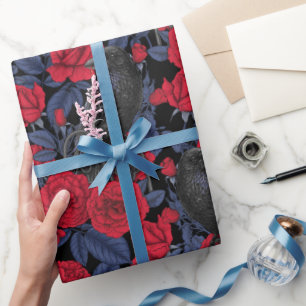 Ravens and roses with dark blue leaves wrapping paper