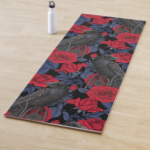 Ravens and roses with dark blue leaves yoga mat