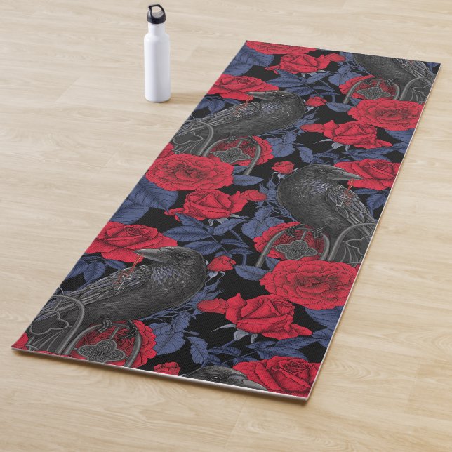 Ravens and roses with dark blue leaves yoga mat (In Situ)