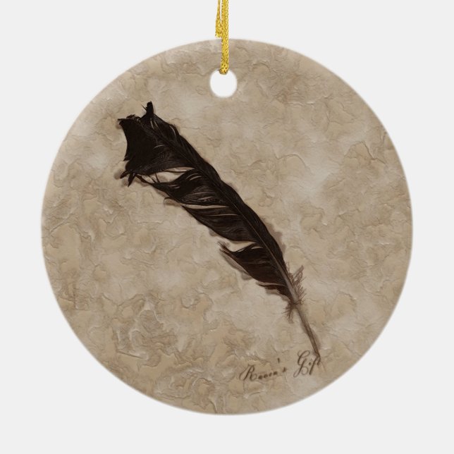Raven's Feather Bird-lover Crow design Ceramic Ornament (Back)
