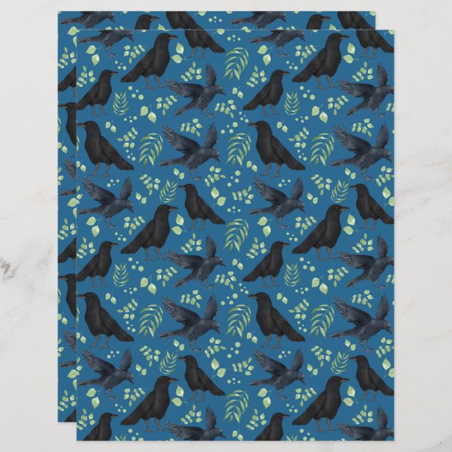 Ravens Goth Halloween Scrapbook Paper in Blue (Front/Back)
