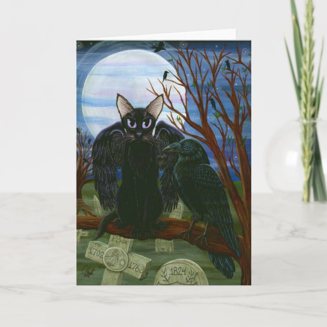 Raven's Moon Black Cat Crow Goth Fantasy Art Card (Front)