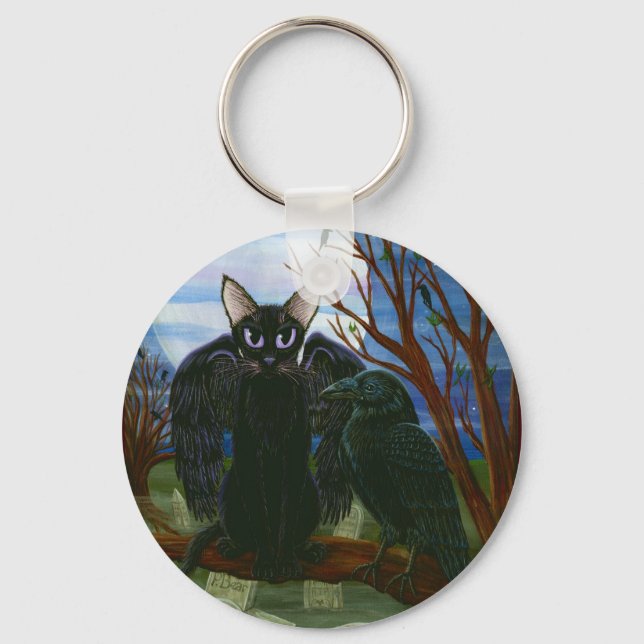 Raven's Moon Black Cat Crow Gothic Art Keychain (Front)