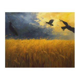 Ravens Over Golden Wheat Field Wood Wall Art
