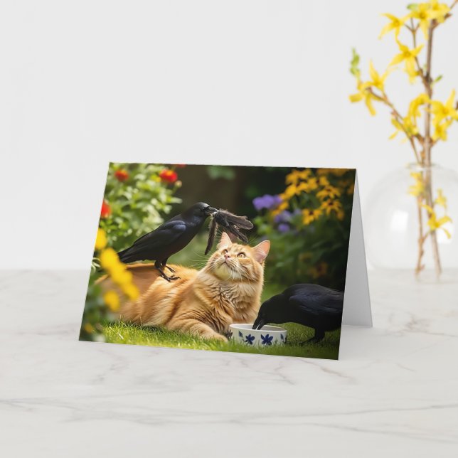 Ravens Play With Cat Feathers Friends Card (Yellow Flower)