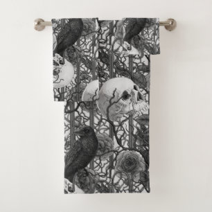 Raven's secret. Dark and moody gothic illustration Bath Towel Set